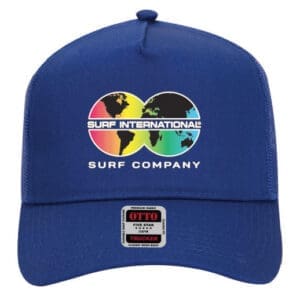 A blue hat with the words surf international and a globe on it.