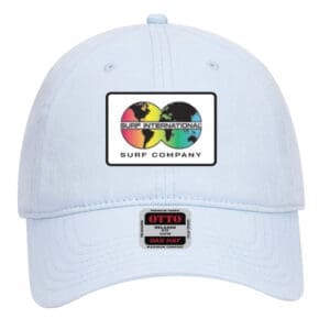 A white hat with a patch of different colors