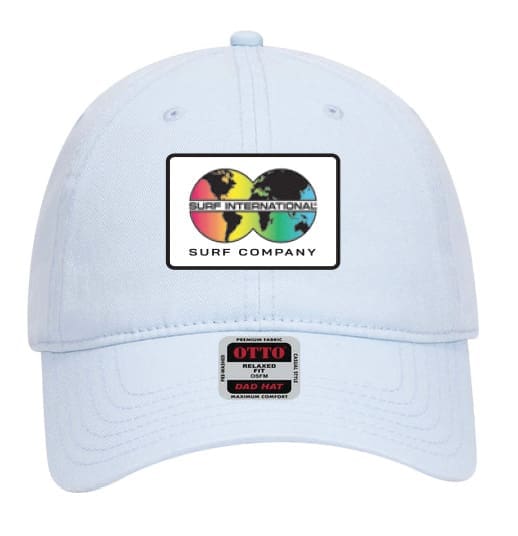 A white hat with a patch of different colors