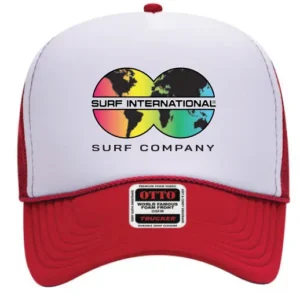 A red and white hat with the words surf international on it.