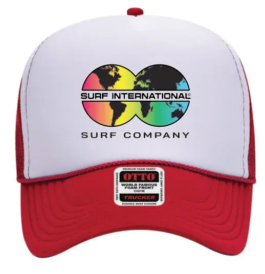 A red and white hat with the words surf international on it.