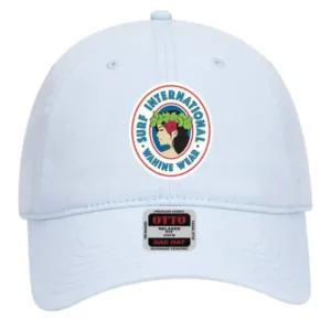 A white hat with an international symbol on it.