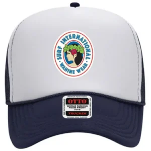 A white and blue hat with an international logo on it.