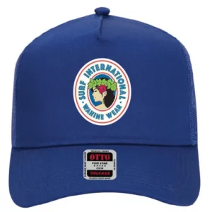 A blue hat with the international logo on it.