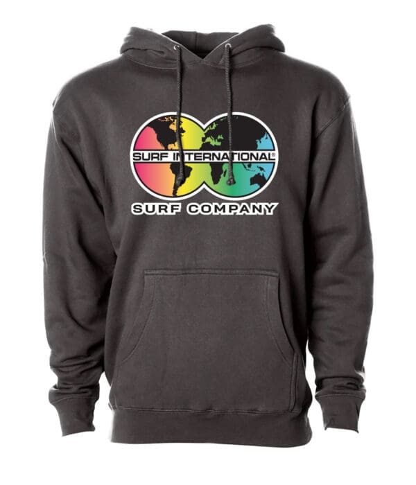 A black hoodie with a surf company logo on it.