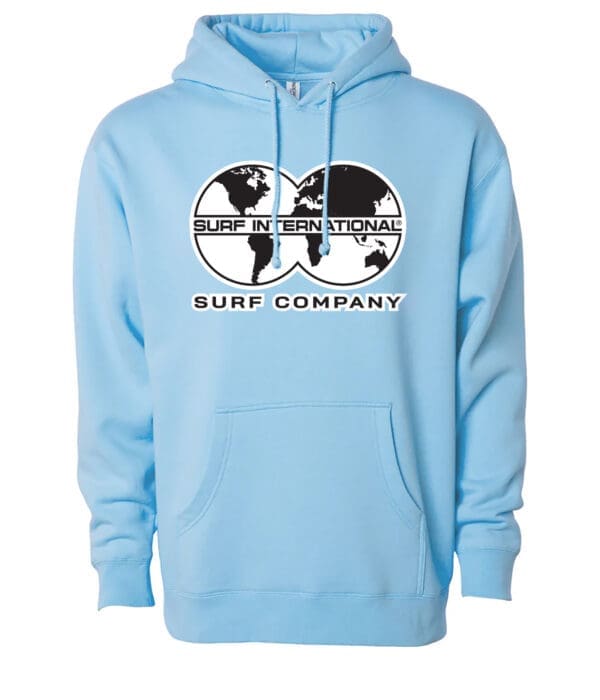 A light blue hoodie with the words surf company on it.