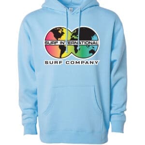 A light blue hoodie with a colorful logo on it.