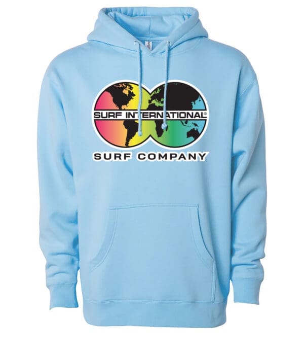 A light blue hoodie with a colorful logo on it.