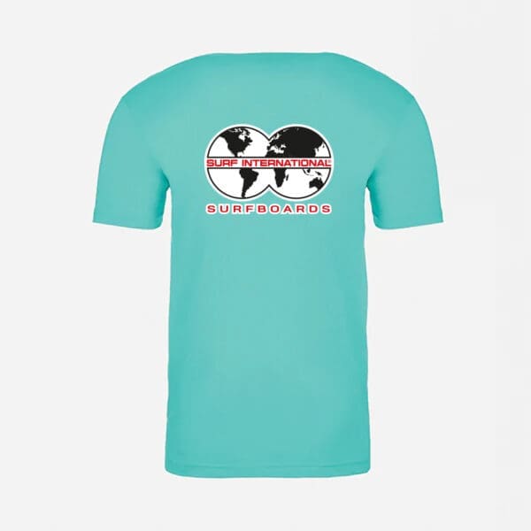 A turquoise t-shirt with a picture of two people