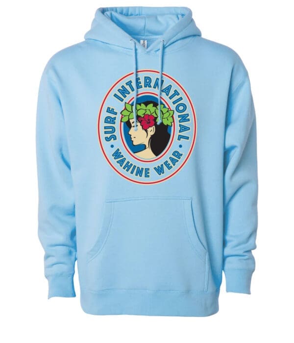 A light blue hoodie with a logo of some sort.