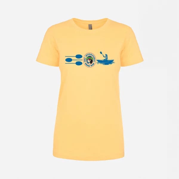 A yellow t-shirt with a picture of a fish and a seal.