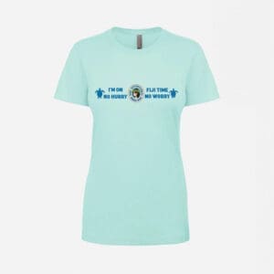 A light blue t-shirt with the words " you can 't stop but be happy ".