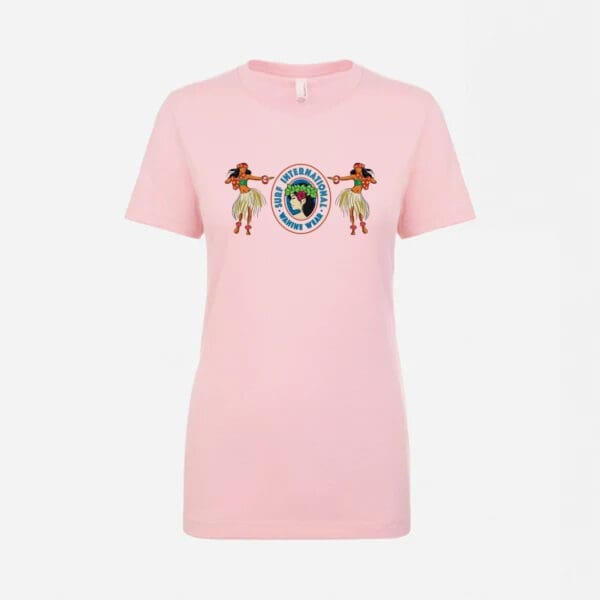 A pink t-shirt with two angels on it