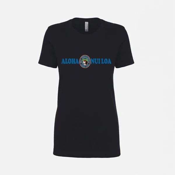 A black t-shirt with the words aloha horizons on it.