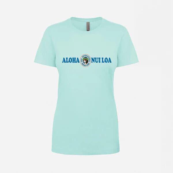 A light blue t-shirt with the name of aloha mutida