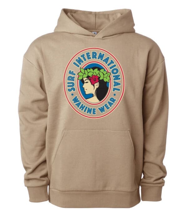 A tan hoodie with the words surf international written on it.