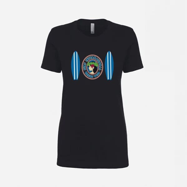 A black t-shirt with a picture of a person and two blue sticks.