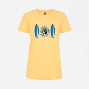 A yellow t-shirt with a picture of a person and two surfboards.