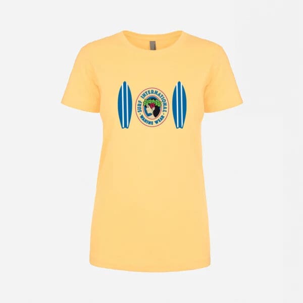 A yellow t-shirt with a picture of a person and two surfboards.