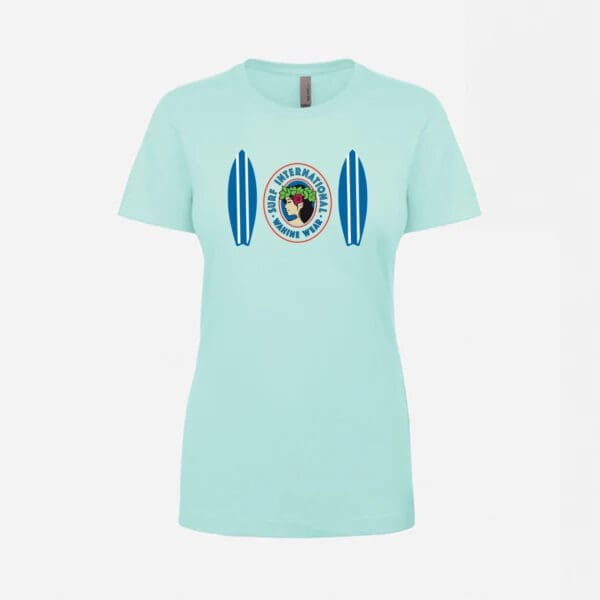 A light blue t-shirt with a picture of a surfboard.