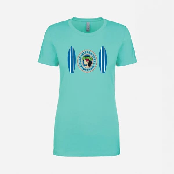 A women 's t-shirt with the image of a surfboard.