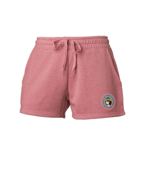 A pink short with a patch on the side.