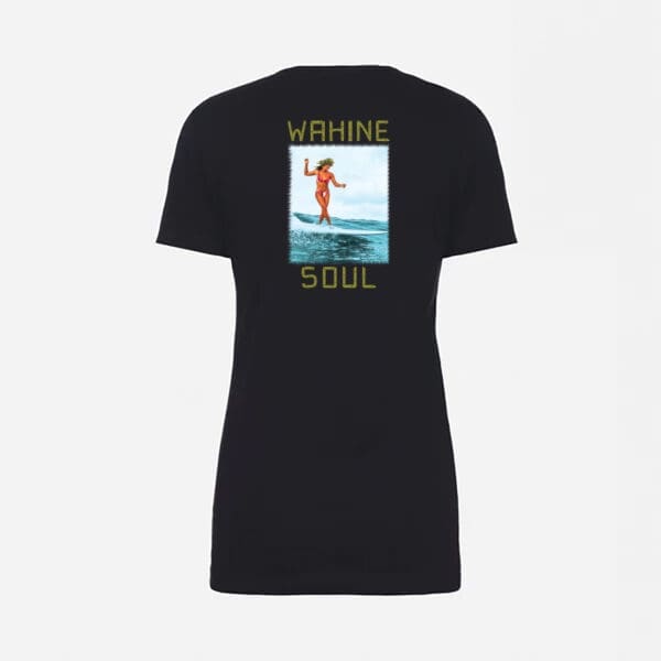 A black t-shirt with an image of a person on the beach.