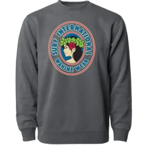 A gray sweatshirt with an image of a woman wearing a wreath.