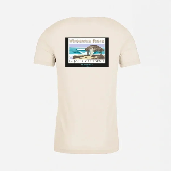 A t-shirt with an image of the ocean and a beach.