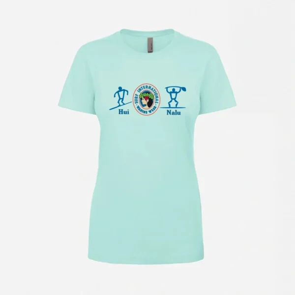 A light blue t-shirt with a picture of a person and trees.