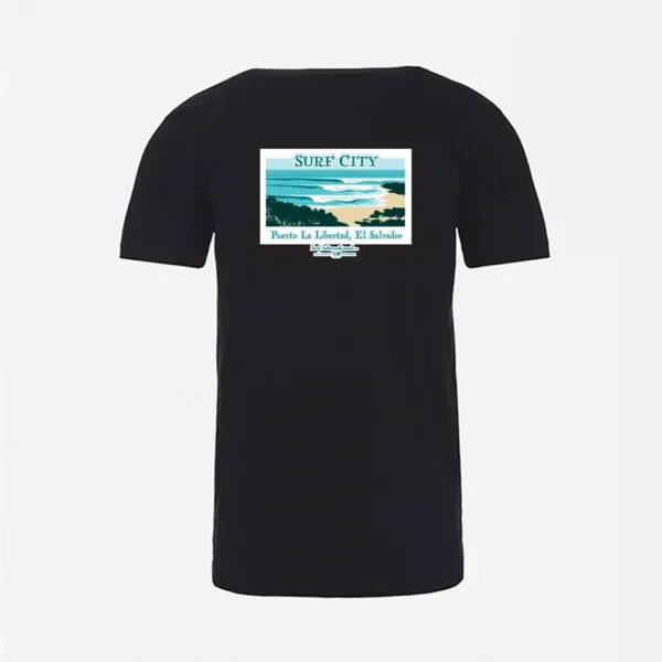 A black t-shirt with a picture of the ocean.