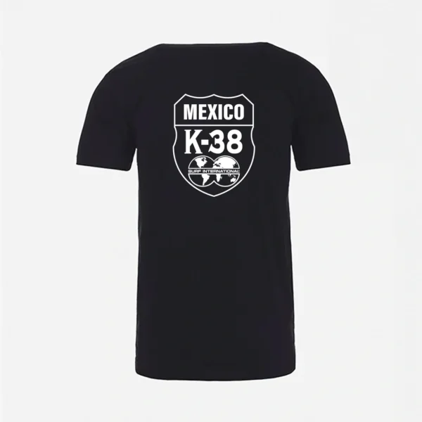 A black t-shirt with the mexican k 3 8 logo on it.