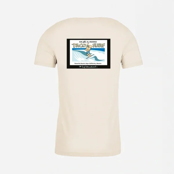 A t-shirt with a picture of a person surfing.