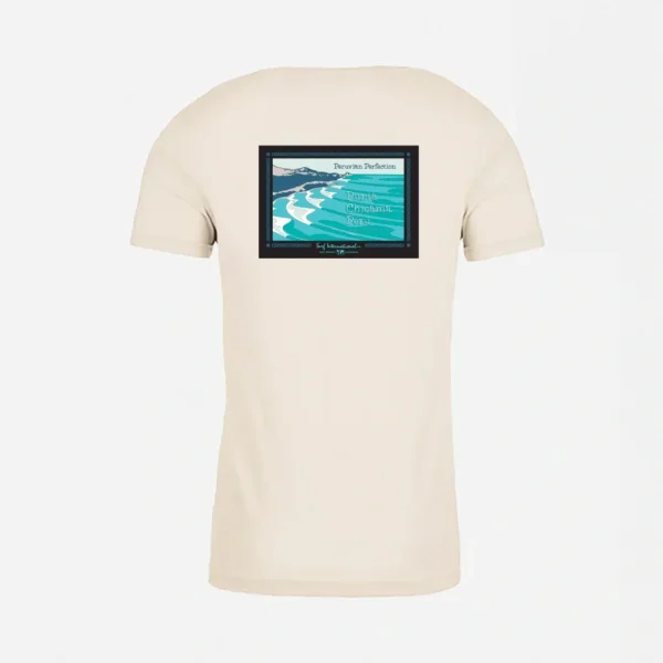 A t-shirt with a picture of a wave on it.