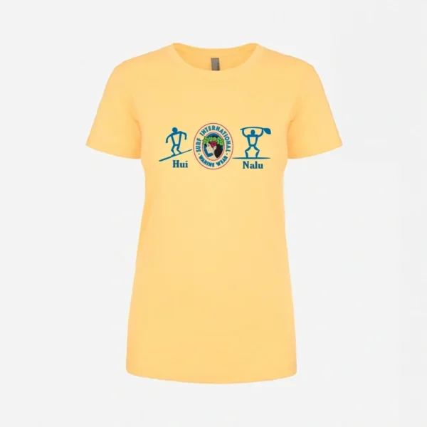 A yellow t-shirt with an image of a person and trees.