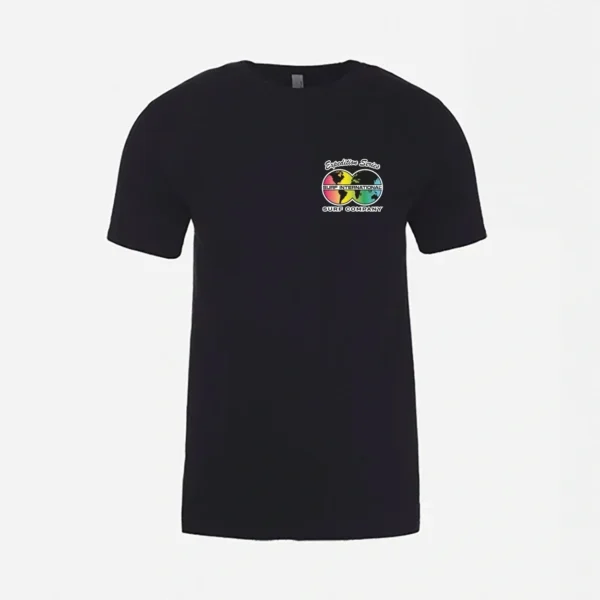 A black t-shirt with a rainbow colored logo.