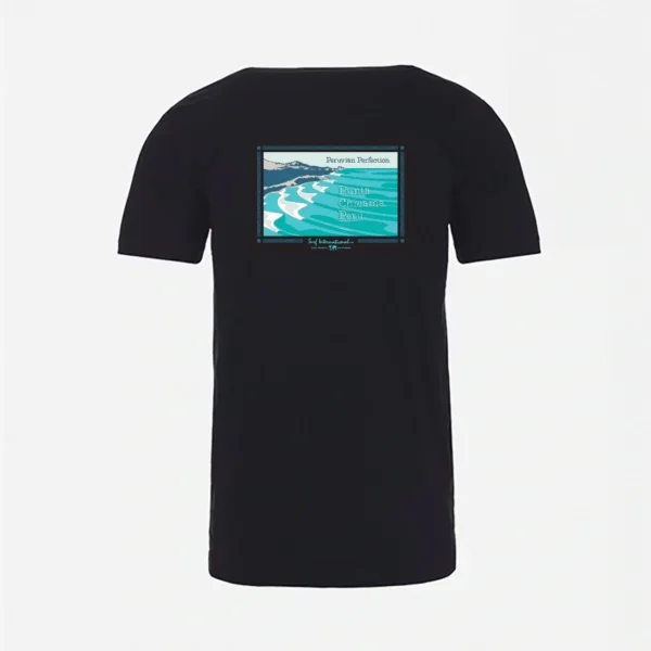 A black t-shirt with a picture of the ocean.