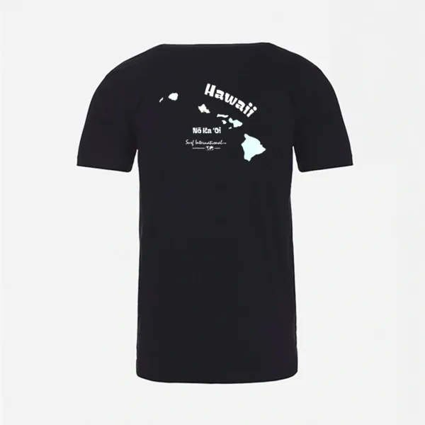 A black t-shirt with the words " hawaii " written on it.