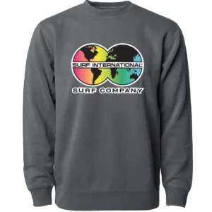 A gray sweatshirt with the words surf international on it.